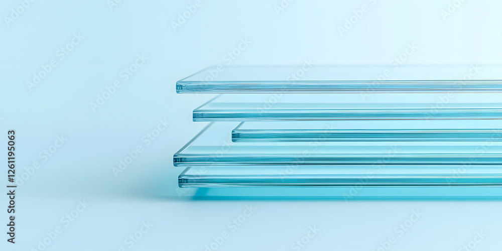 Poster stack of transparent, layered material sheets of a shiny medium, clean and polished, under soft blue