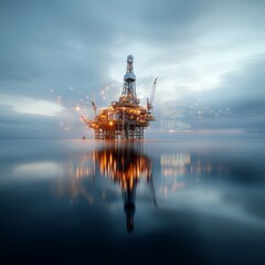 Obraz premium Oil rig at sunset with reflections in calm water under cloudy sky