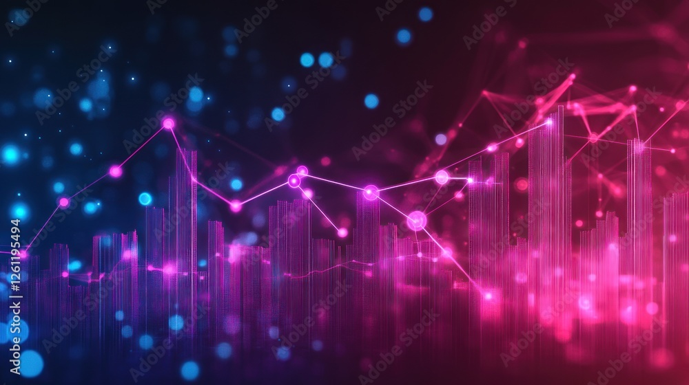Poster digital cityscape illuminated by neon lines and data points