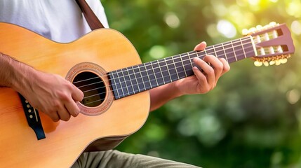 Obraz premium Guitarist playing soft acoustic music in a peaceful outdoor setting