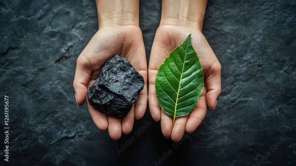 Wall mural Hands holding coal and leaf on dark stone, contrasting nature