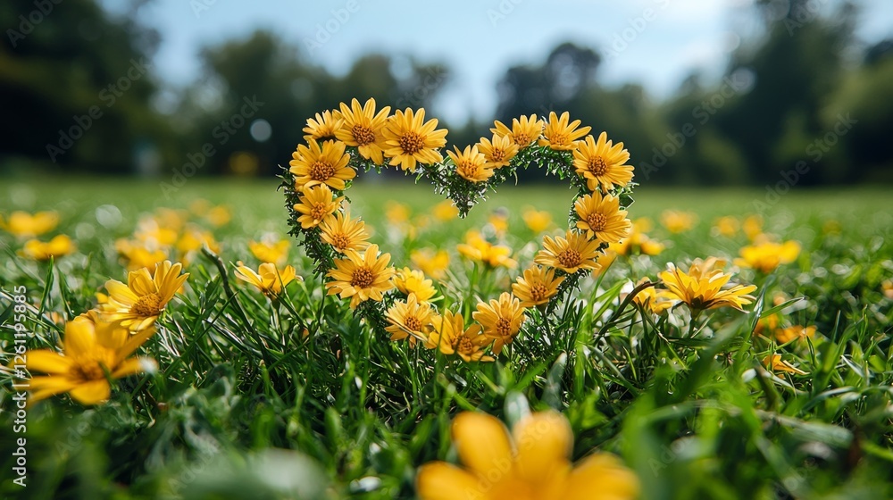 Wall mural A heart made out of yellow flowers in a field