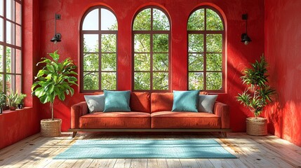 A living room with red walls and a red couch