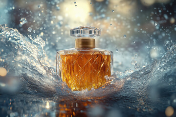 Still life picture of luxury perfume, surrounded by water waves, product promotional picture,