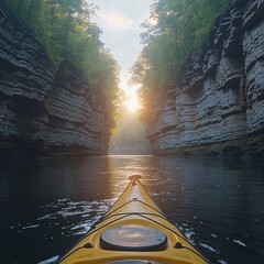 Fototapeta premium Kayaking through a serene canyon at sunrise, surrounded by towering cliffs