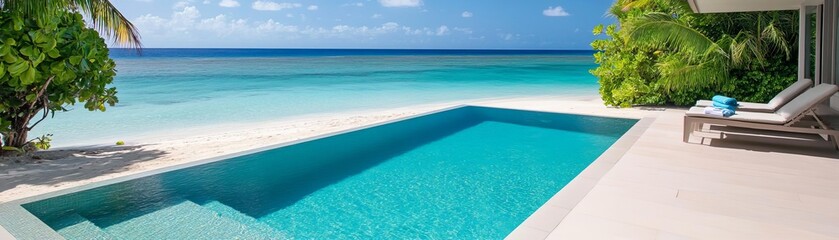 Luxury infinity pool overlooking a tranquil ocean, serene tropical escape