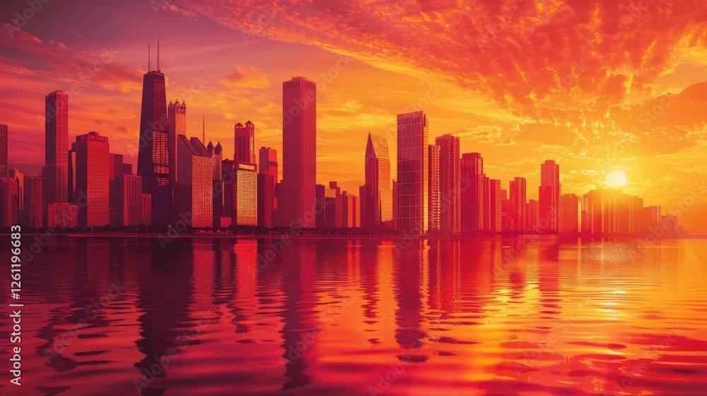 Wall mural Vibrant sunset over a city skyline reflecting on water, showcasing tall buildings and colorful clouds