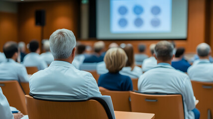 Medical professionals attentively observing a presentation during a conference, fostering knowledge exchange and collaboration in healthcare.
