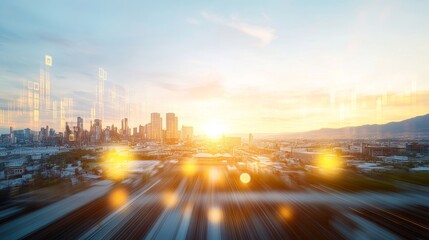 Obraz premium Sunset over City Skyline with Blurred Lights and Urban Landscape View
