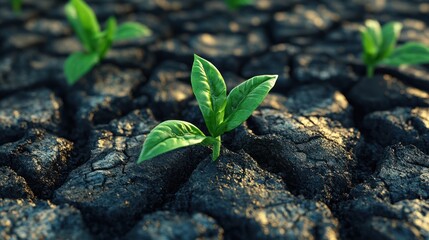Saplings sprout in cracked earth, sunrise background; resilience