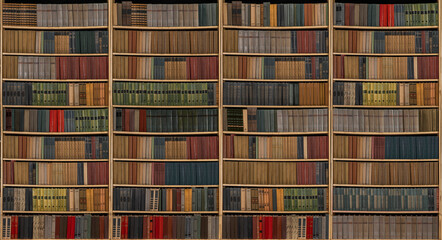 Stacks of many books on a shelfs. Concept of library, reading, old classic literature, student education. Books pattern background © TSViPhoto