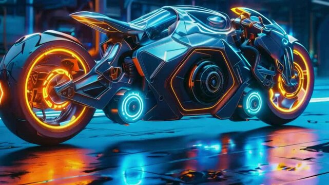 Cybernetic Motorcycle Concept with Glowing Blue Accents and Advanced Technological Components

