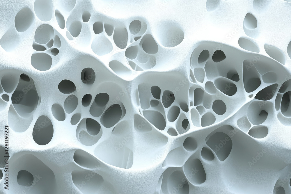 Poster Abstract 3D rendering of a porous, sponge-like structure with interconnected cavities and a textured surface.