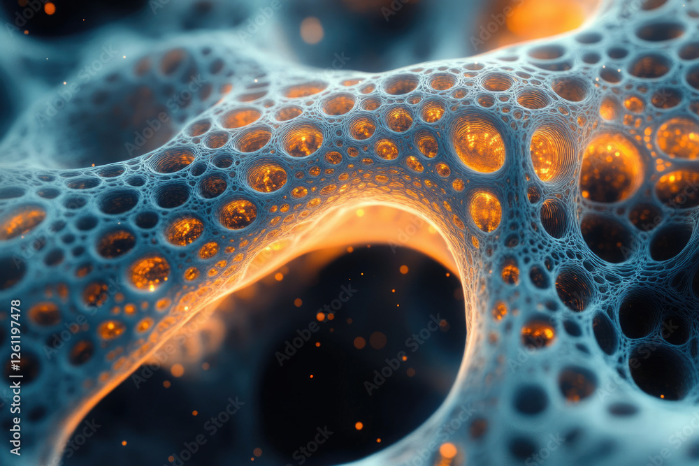 Poster Abstract fractal art depicting a complex, interconnected network of glowing, porous structures.