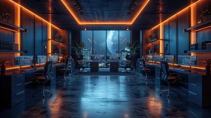 Fototapeta premium Futuristic office interior at night with city and moon view.