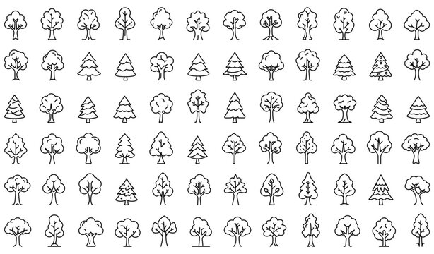 Tree icon. Big set of linear tree icons in minimalist style. Simple silhouette tree icons collection. Line art trees. Vector illustration