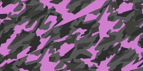 Pink camouflage seamless pattern with grid. Vector military pattern for trendy design.	