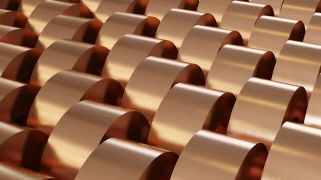 Copper sheets in rolls, rolled metal products. Warehouse of copper rolls. Looping animation 