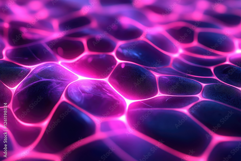 Poster abstract glowing pink and purple network, interconnected nodes forming a vibrant, dynamic surface.