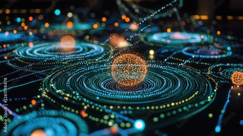 Poster abstract luminous sphere within orbiting celestial rings