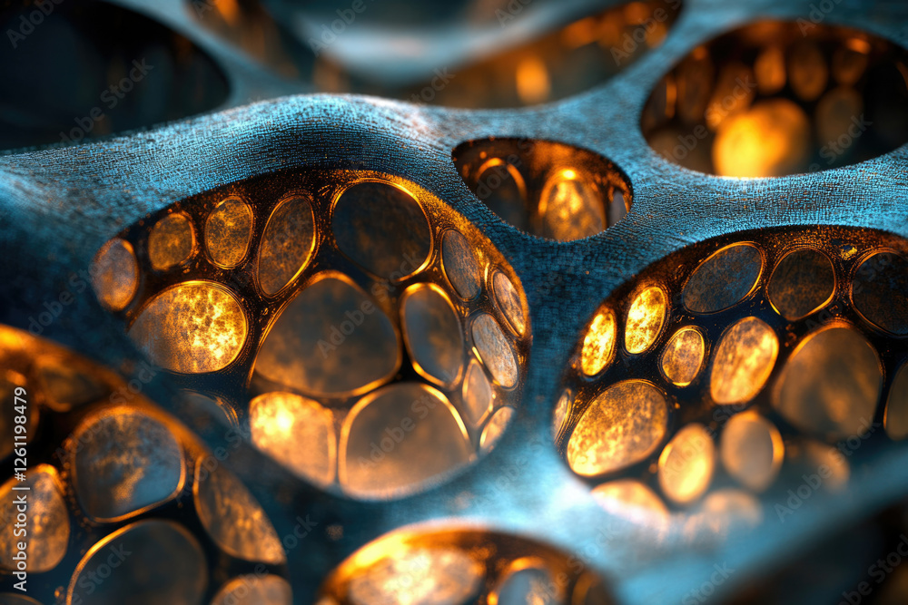 Poster abstract 3d render of a dark, textured surface with glowing, rounded cavities.