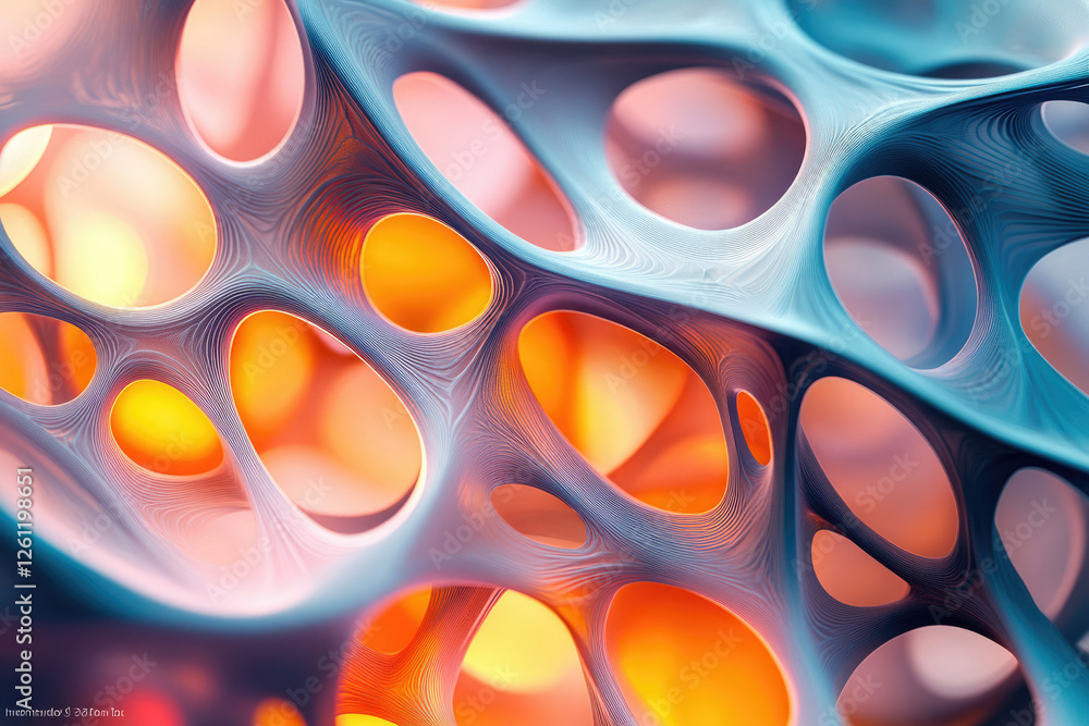 Poster Abstract 3D render of a complex interconnected network with glowing orange and blue hues.