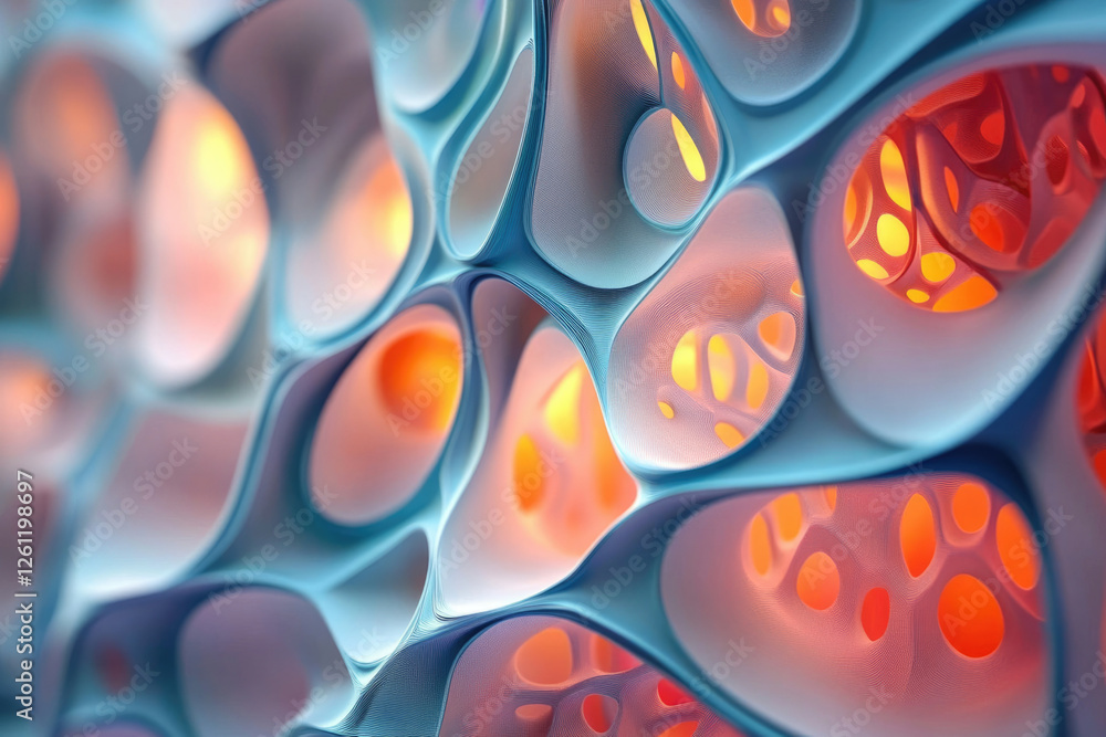 Poster Abstract 3D rendering of a complex, interconnected network of organic, biomorphic forms with warm inner glow.