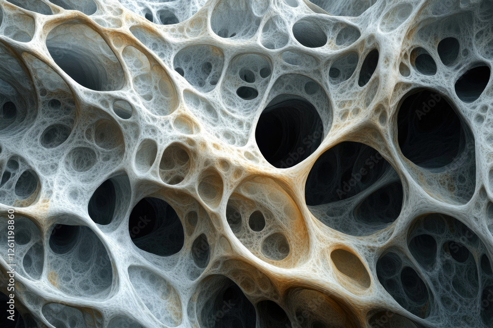 Poster Abstract 3D render of a complex, interconnected network resembling bone structure or a porous material.