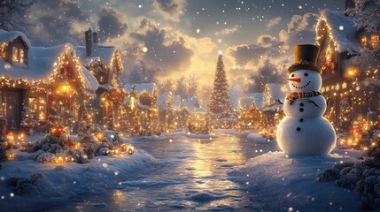 Fototapeta premium Snowy Christmas village at sunset with snowman