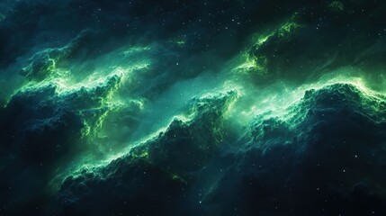 Fototapeta premium Emerald Nebula, cosmic clouds swirling, starry background, space art, website header