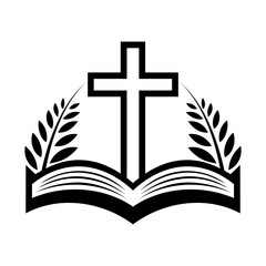 Religion icon. Simple black and white icon of christian cross standing on open bible. Vector illustration