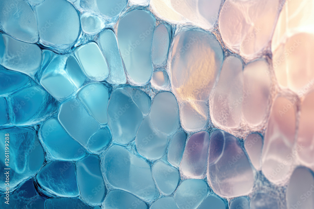 Poster abstract image depicting a network of interconnected, translucent, pastel-colored cells or bubbles.