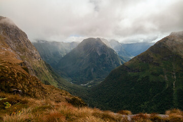 Fototapeta premium Arthur Valley and Mount Pillans between Mount Elliot and Mount Hart, Scenery of Mackinnon Pass, Fiordland, Milford Track, New Zealand