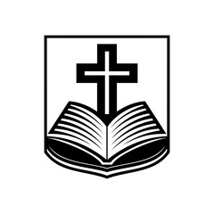 Religion icon. Simple black and white icon of christian cross standing on open bible. Vector illustration
