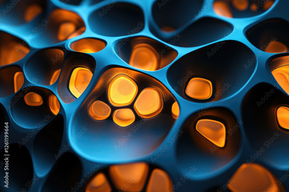 Aufkleber abstract 3d rendering of a dark blue porous structure with glowing orange inner cavities.
