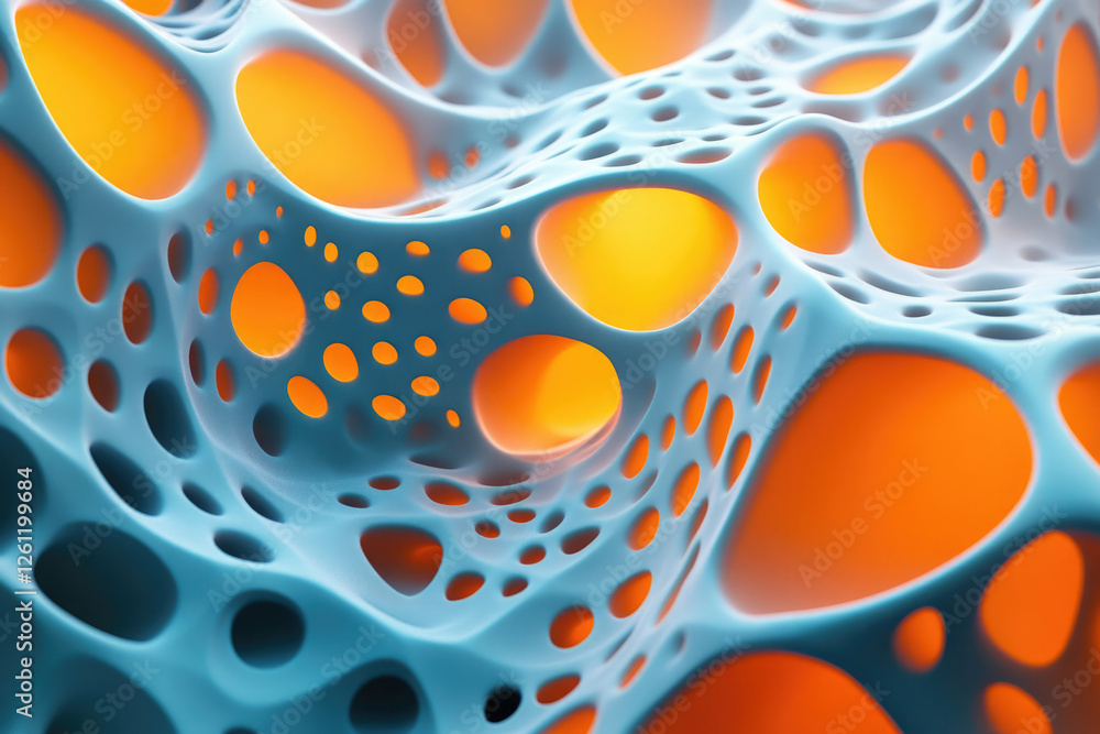 Poster Abstract 3D render of a porous, textured surface with glowing orange interiors, creating a complex, organic form.
