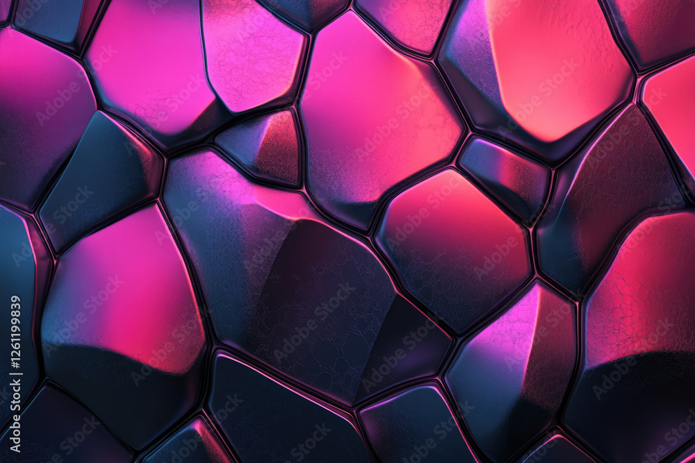 Poster abstract background of dark, metallic, pink and purple polygons creating a textured surface.