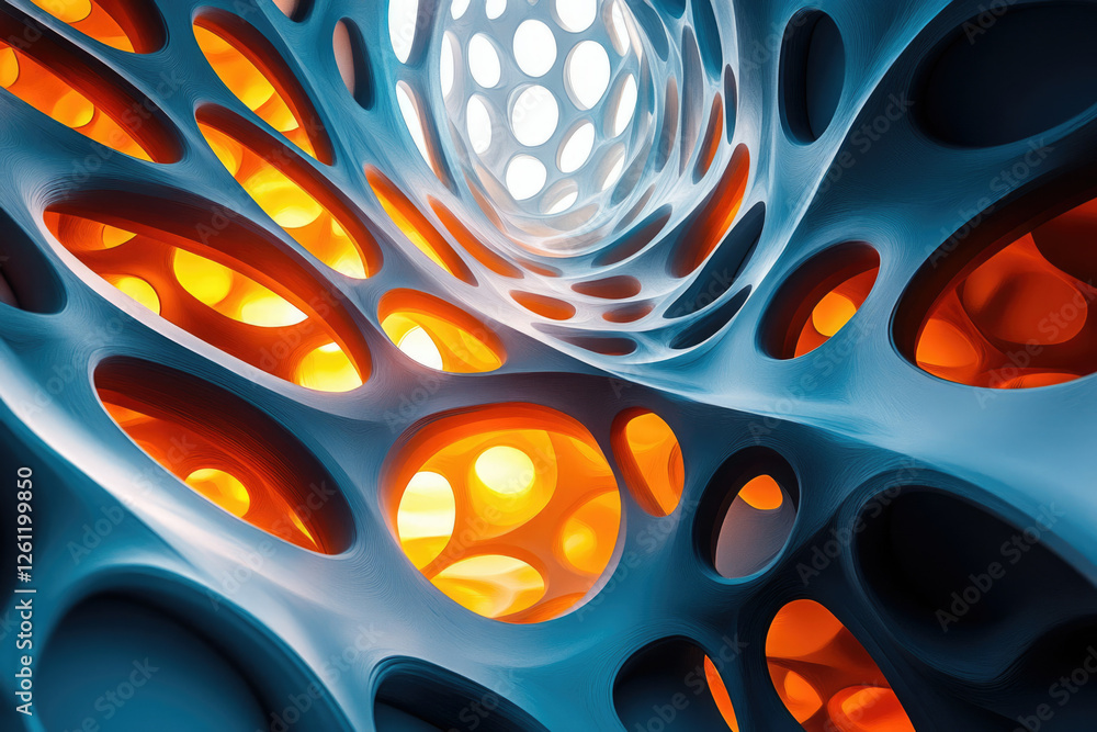 Poster Abstract 3D rendering of a blue and orange organic structure with interconnected cavities and glowing inner lights.