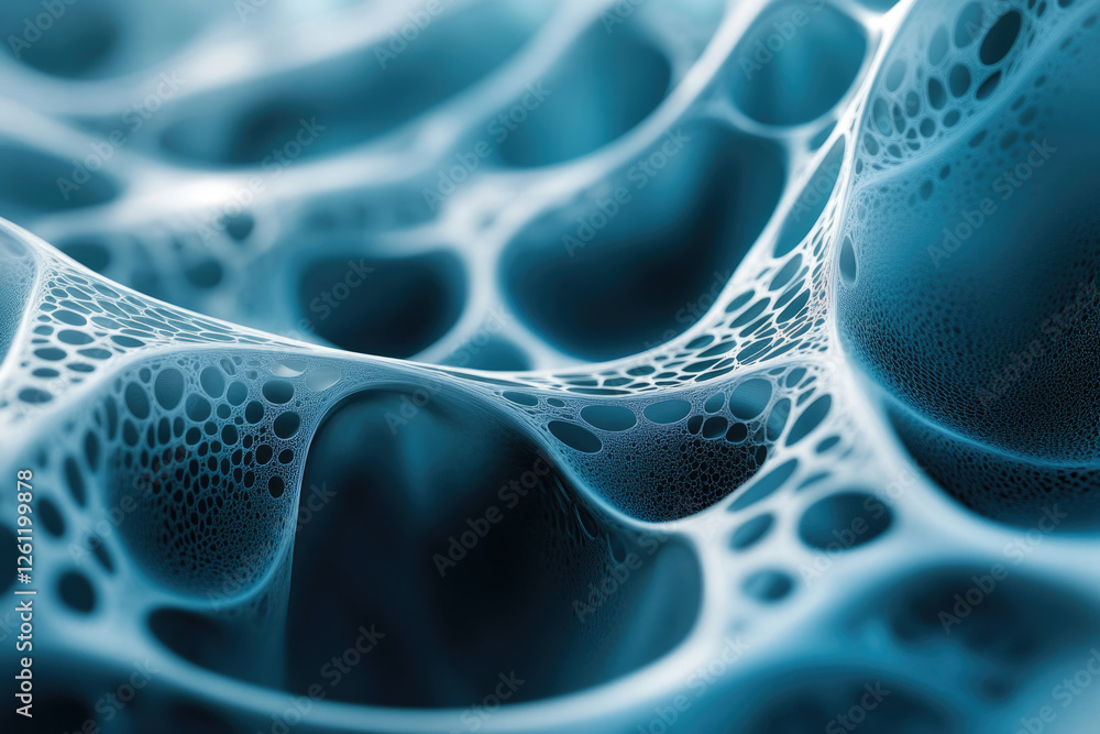 Poster Abstract 3D rendering of a complex network structure with interconnected nodes and cavities, resembling a foam or cellular structure.