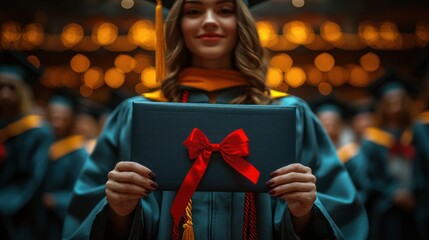 Obraz premium Graduate holds diploma, ceremony hall, celebration