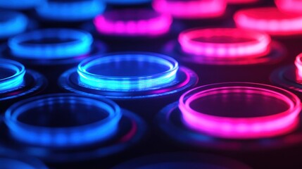 Illuminated circular buttons, neon glow, dark background, technology interface