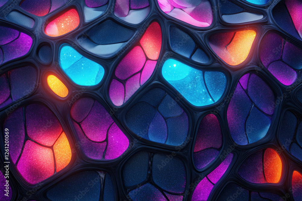 Poster Abstract 3D render of a network of interconnected glowing cells with vibrant colors and a dark background.