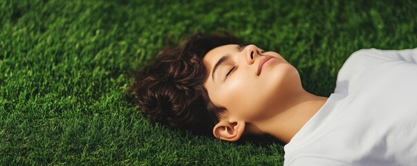 Person lying on the grass with eyes closed, listening to nature sounds