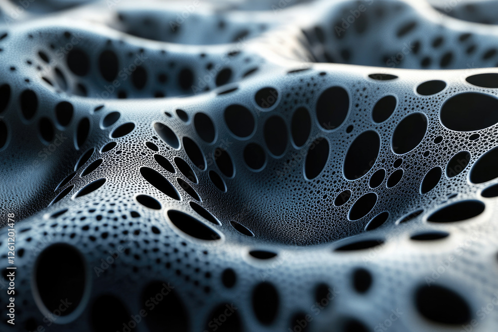 Poster Abstract 3D rendering of a wavy surface with numerous holes of varying sizes, creating a porous, textured pattern.
