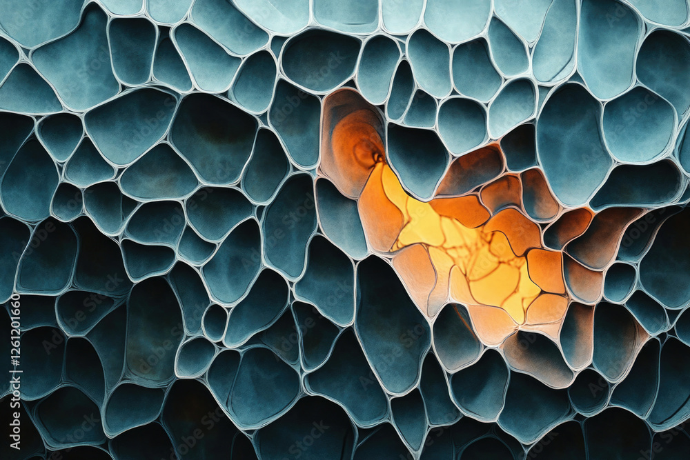 Poster abstract artwork depicting a mesmerizing network of interconnected organic shapes, with a warm orang