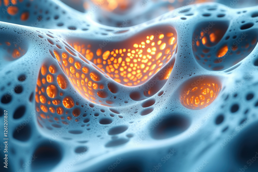 Poster abstract 3d render of a porous surface with glowing orange inner cavities.