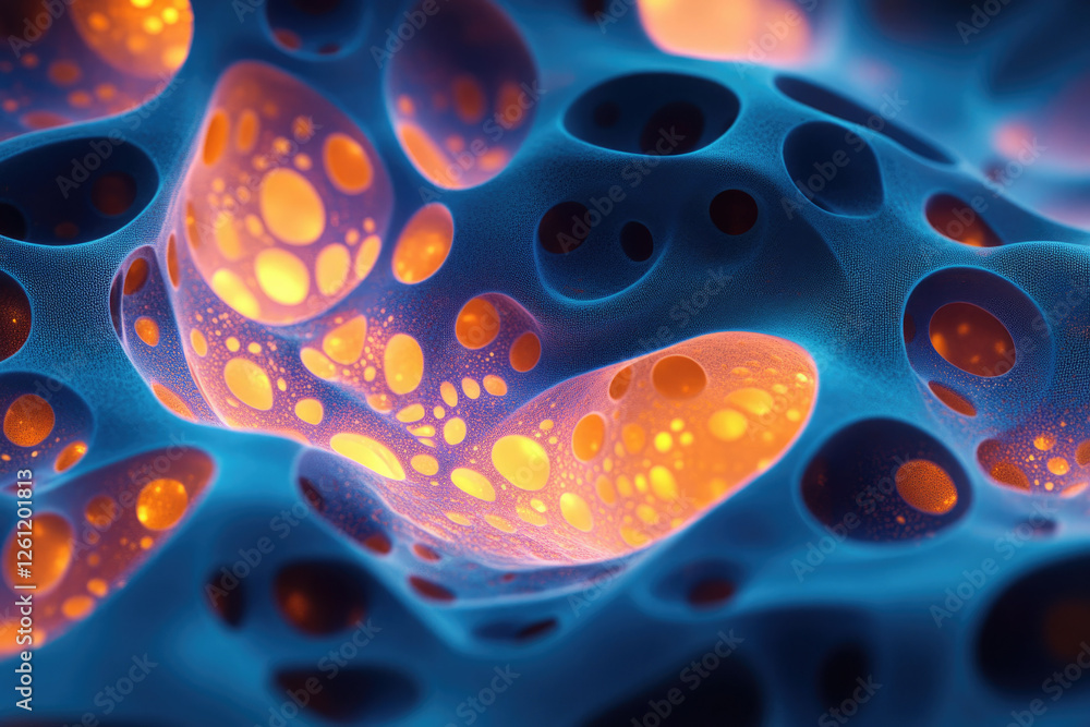 Poster Abstract 3D render of a porous, textured surface with glowing orange inner cavities and a blue outer layer.
