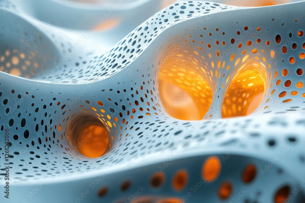 Poster abstract 3d rendering of a porous, undulating surface with inner glowing orange light.