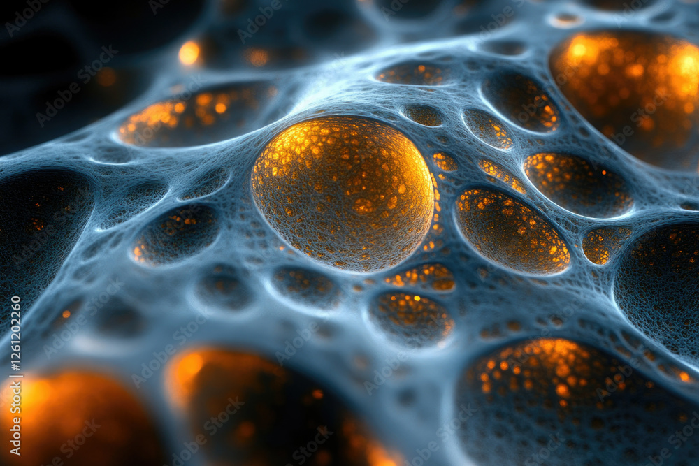 Poster Abstract 3D rendering of a complex, porous surface with glowing orange spheres embedded within a blue-gray network.