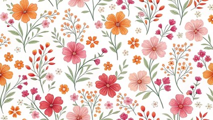 seamless pattern with pink, yellow and red flowers